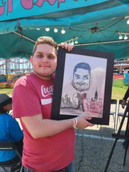 Man holding up cartoon caricature sketch