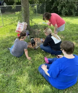 People sitting by puppy in a kennel.